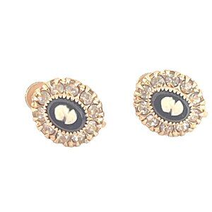 Vintage Gold Cameo Screwback Earrings With Crystal Accents